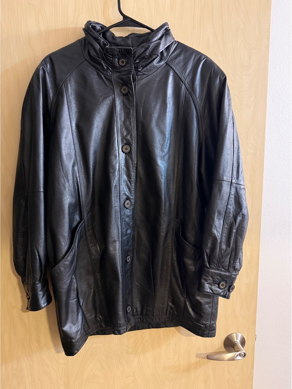80s Jacqueline Ferrar Black Leather Ruched Mock Neck Longline Jacket Women’s med